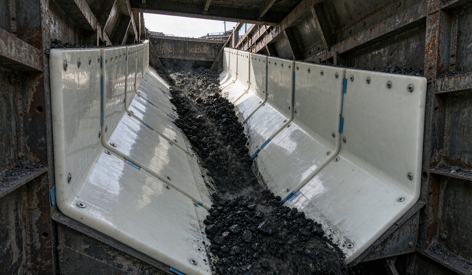 UHMWPE chute liner panels bolted inside a steel transfer chute handling crushed ore